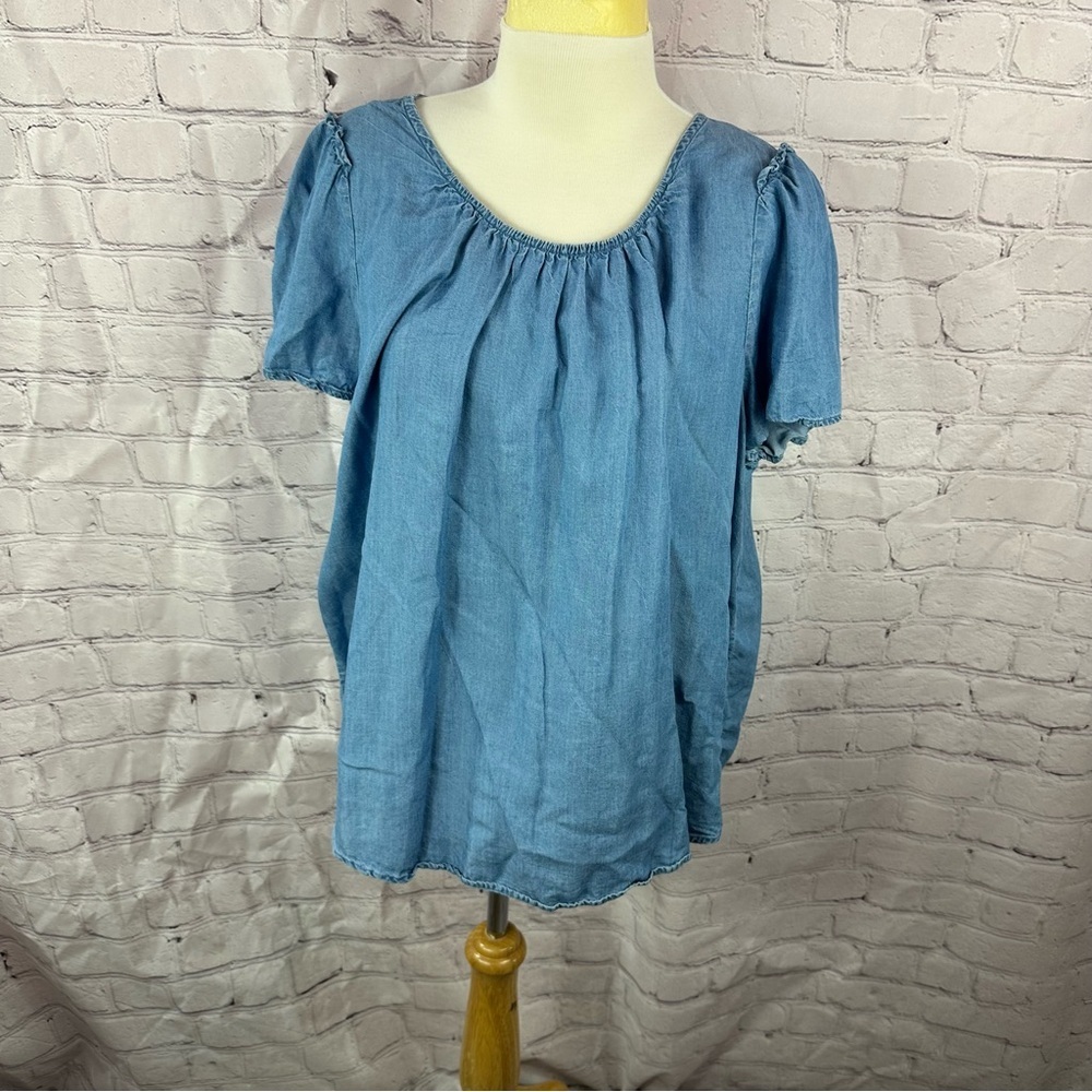 Lc Lauren Conrad Blue Puff Sleeve Smocked Neckline Blouse Sz Xl Denim Look Boho